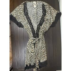 Leopard Lace Trim Kimono Robe - Black/Beige